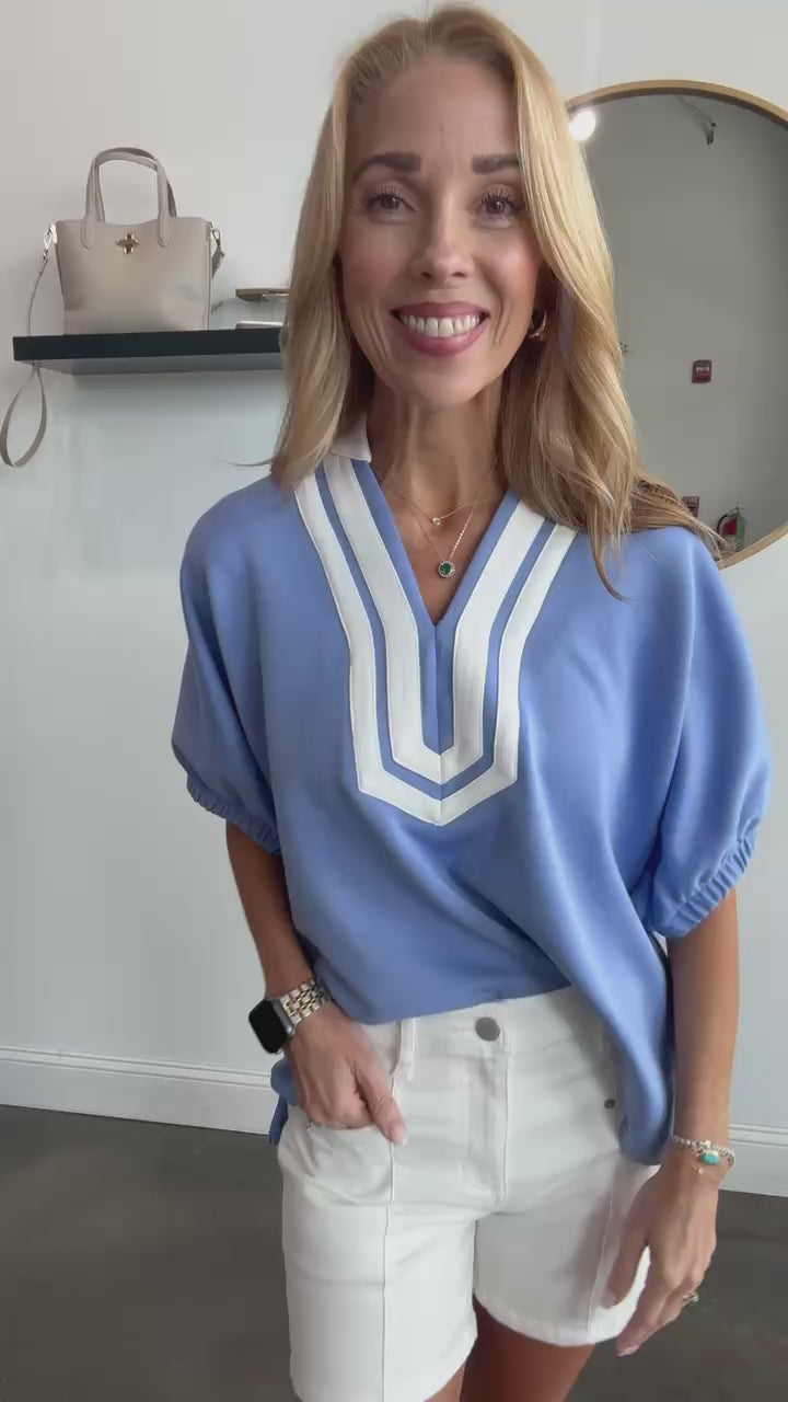 Contrast Trim Top - Blue