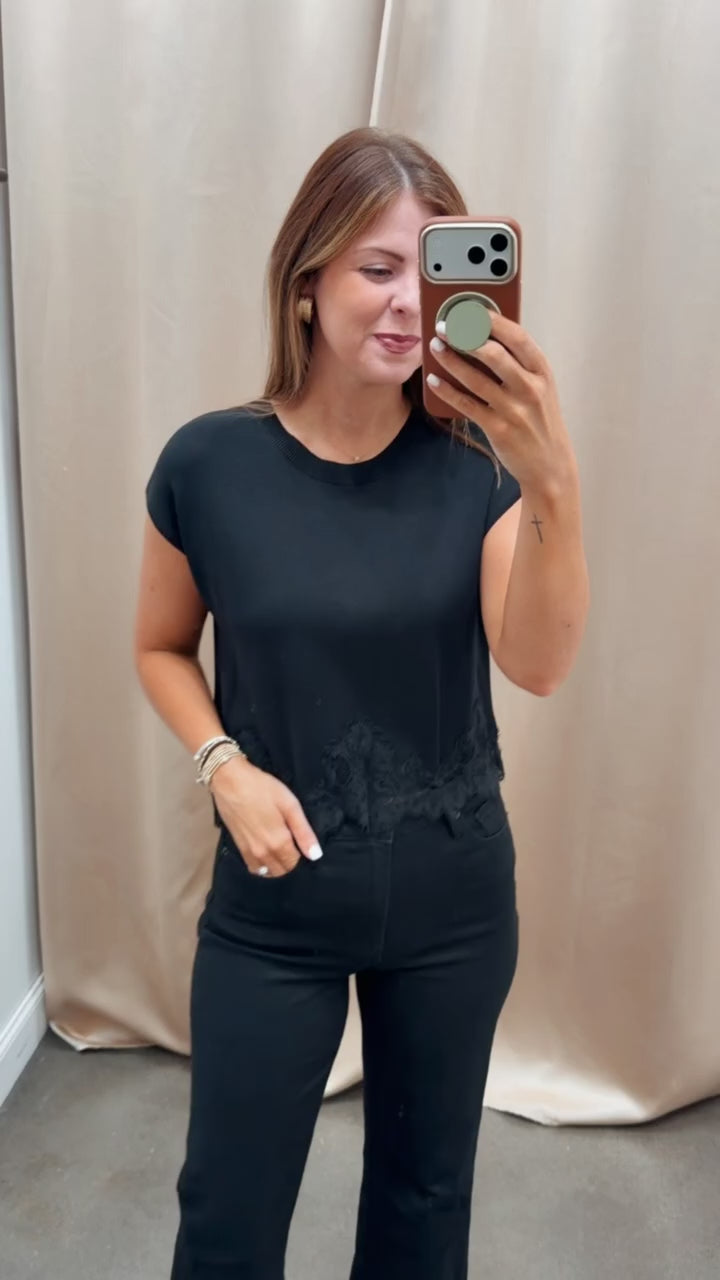 Lace Trim Knit Top - Black