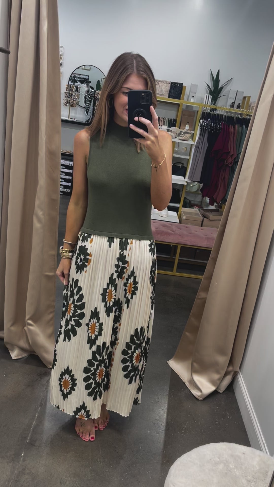 Printed Knit Midi Dress - Olive