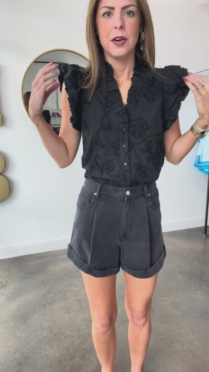 Embroidered V Neck Top - Black