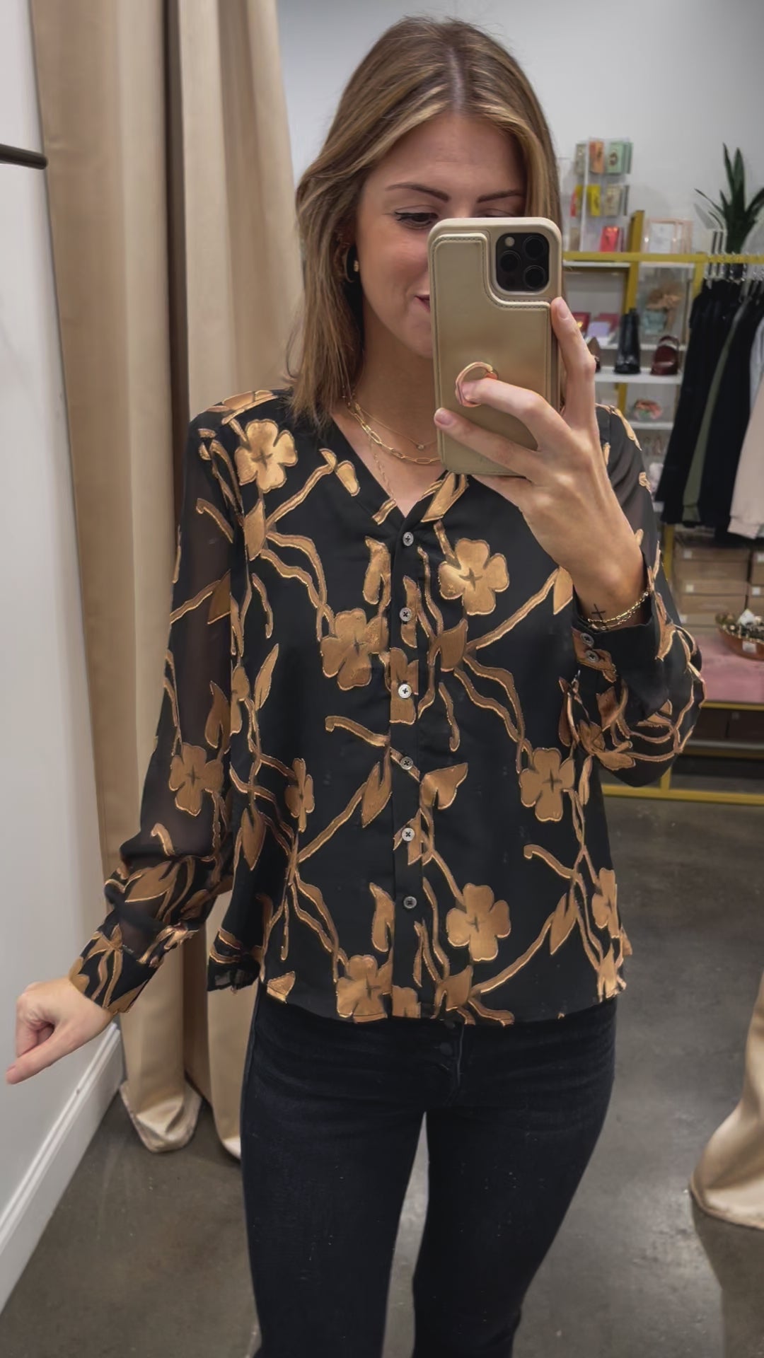 Floral Button Front Top - Black/Gold