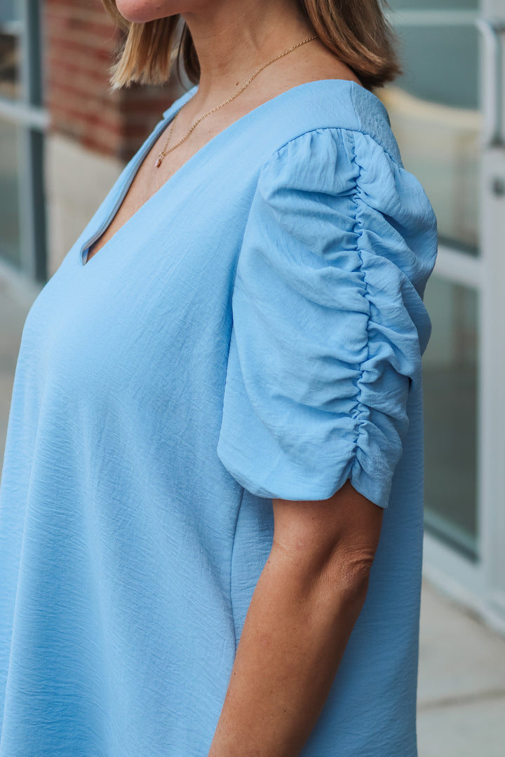 Ruched Sleeve Top - Light Blue