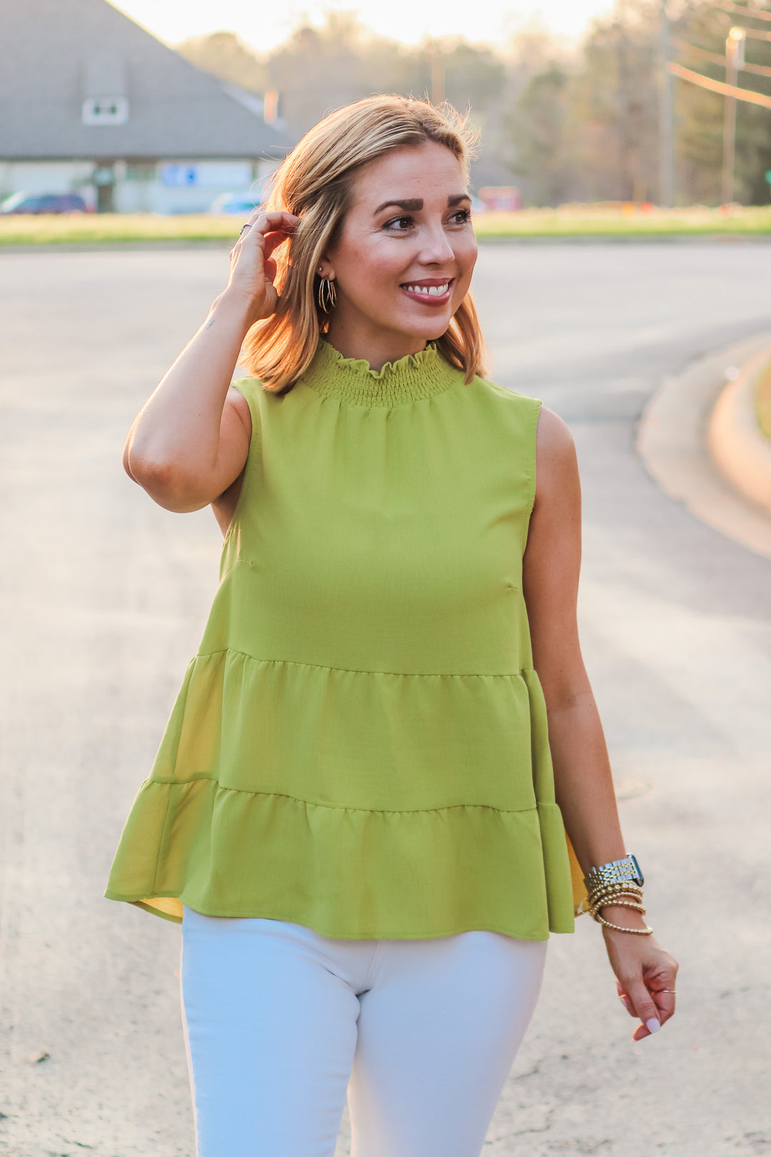 Tiered Smocked Neck Top - Lime