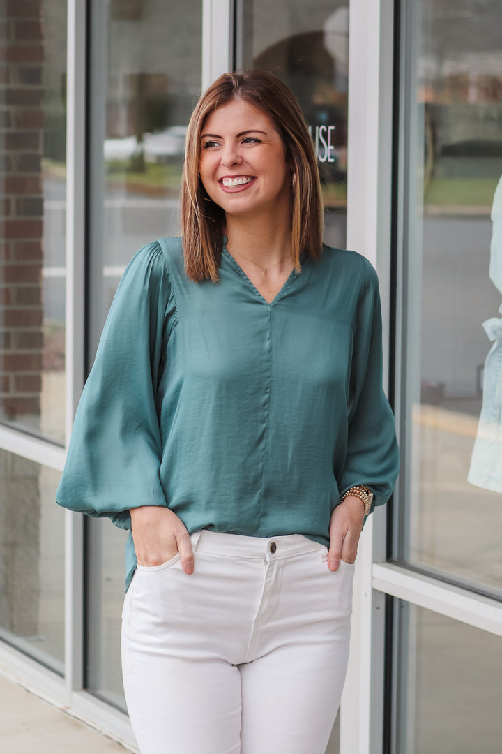 Gathered Shoulder Top - Dusty Teal